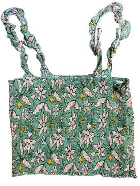 aerie Medium Green Floral Smocked Crop with Peach & Mint Details